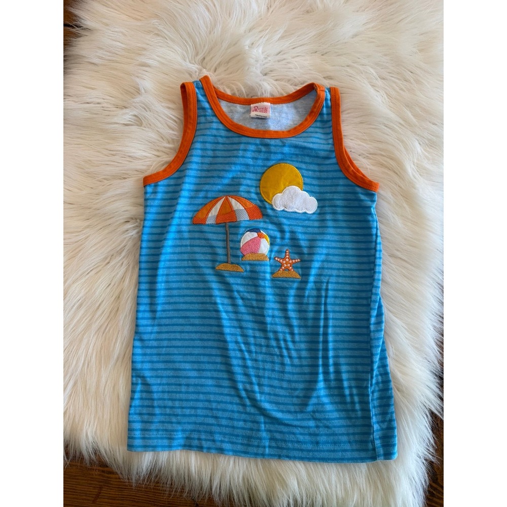 Ricrac ruffles size 5 Blue Striped Beach Tank Top with Umbrella and Starfish